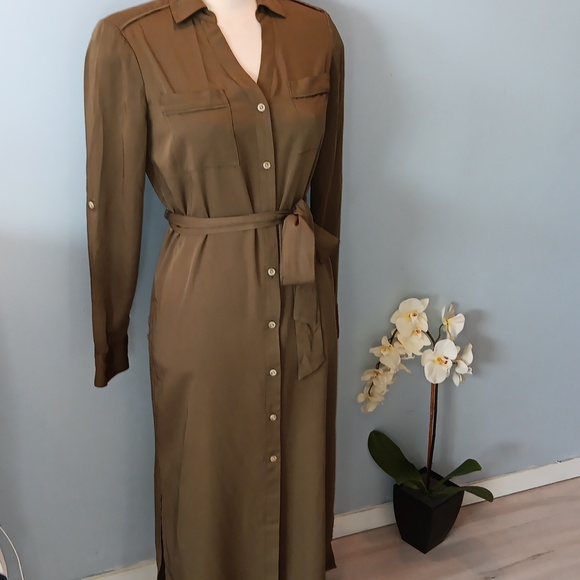 Halston khaki green  button down midi dress NWT - Picture 2 of 6
